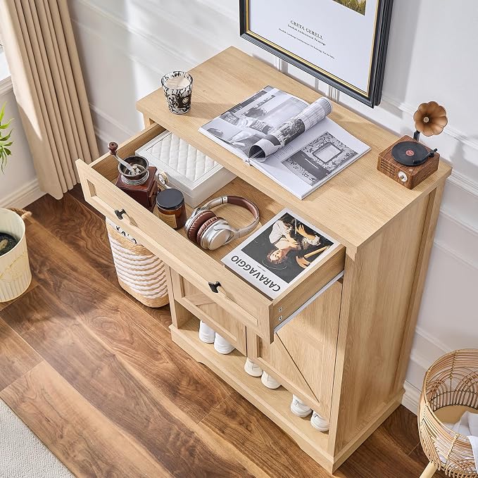 SOOWERY Shoe Cabinet with Drawer, Farmhouse Shoe Storage Cabinet with Doors, 5 Tiers Narrow Shoe Organizer for Entryway, Foyer, Hallway, Natural Oak - Image 4