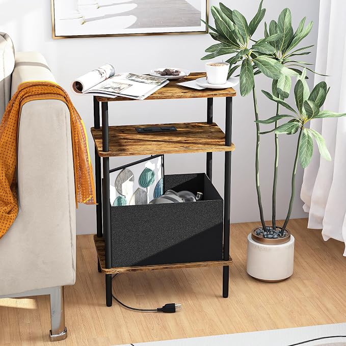 Small Side Table with Charging Station, End Table for Small Spaces, Slim Nightstand with Outlet,Sofa Beside Table, 3-Tier Storage Shelf,Living Room, Bed Room, Rustic Brown - Image 4