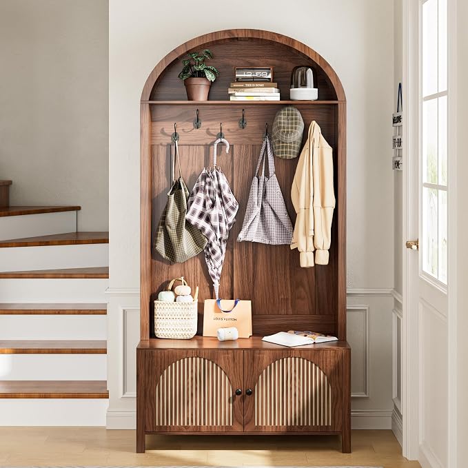 Hall Tree with Bench and Shoe Storage, Entryway Storage Bench with Coat Rack, 78.74" Coat Rack with 7 Hooks and Adjustable Shelves, Farmhouse Style Furniture Organizer for Hallway (Walnut, 78.74"H) by Mxtxmy
