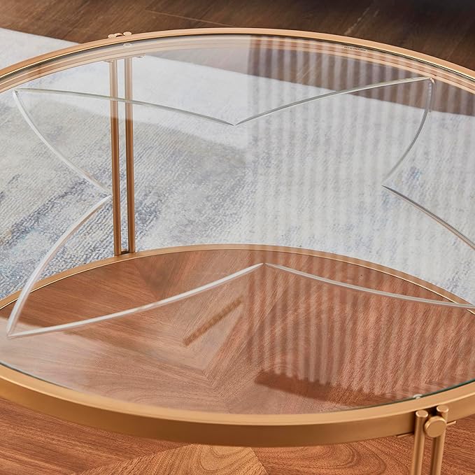 32in Round Wood Coffee Tables with Glass Top ＆ Metal Leg, 2 Tier Circle Coffee Table for Living Room,Wooden Coffee Tables,Easy Assembly (Only Coffee Table, 32" Dx32 Wx18 H, Gold)