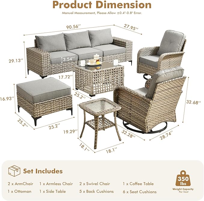 Patio Furniture Set, 8 Pieces Outdoor Wicker Conversation Sets with 2 Wicker Rocking Chair & Coffee Table Outdoor Sectional Sofa for Balcony Backyard Poolside Garden Lawn (Gray)