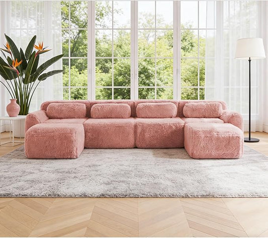 149" Modular Sectional Sofa, Modern Sectional Couch, U-Shape Boneless Couch for Living Room Apartments Bedroom, 32D High Density Sponge Lounge Sofa, No Assembly Required, Pink