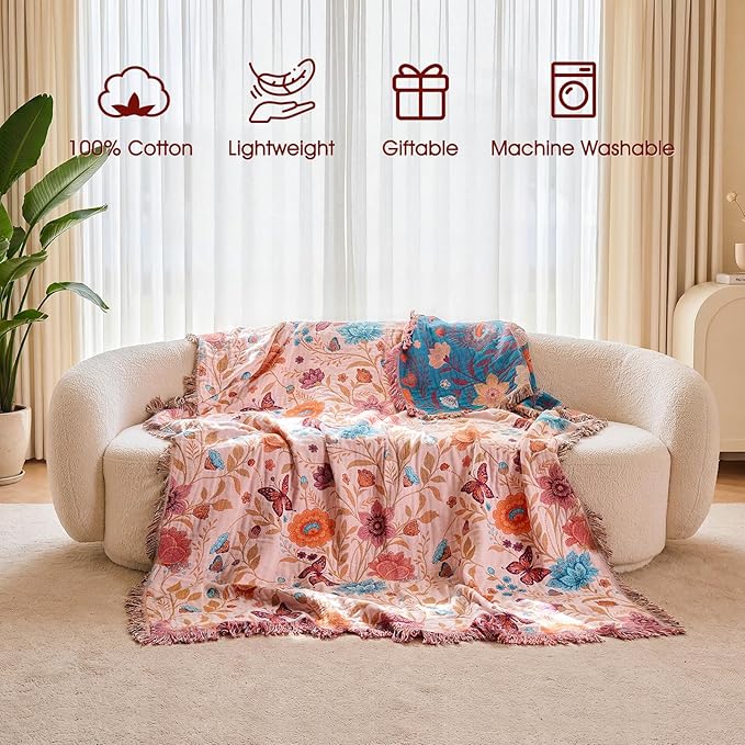 Boho Throw Blanket - 100% Cotton Ultra Soft Muslin Blanket, 60"x80" Lightweight Floral Butterfly Framhouse Bedding Spring Blanket for Bed, All Season Beige Bohemian Bedroom Home Decor Quilt