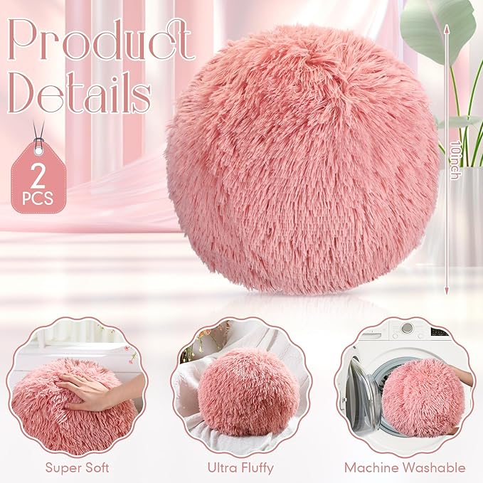 2 Pack Plush Round Ball Throw Pillow 10 Inch Nordic Soft Boucle Pillows Spherical Fuzzy Pillows Circle for Couch Sofa Bed Bedroom Living Room Office School Chair Decorations(Pink)