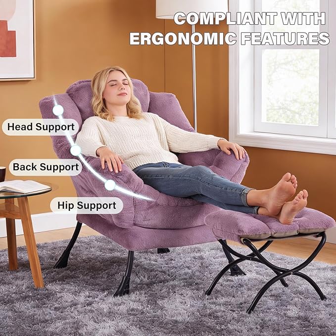 MBOOYOME Lazy Chair with Ottoman, Modern Accent Lounge Armchair with Side Pocket & Foldable Footstool, Leisure Reading Chair for Living Room, Bedroom, Dorm & Office, Plush Purple