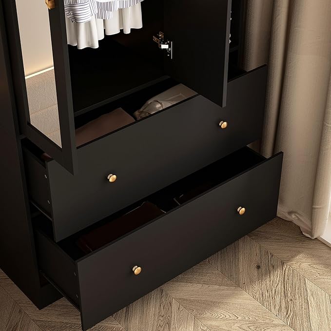 Hitow Wardrobe Armoire Closet with Mirror, 2 Door Wardrobe Cabinet with 2 Drawers & Extendable Hanging Rod, Bedroom Armoire Cabinet Clothes Organizer, Type A Black (35.5" W x 15.8" D x 70.8" H)