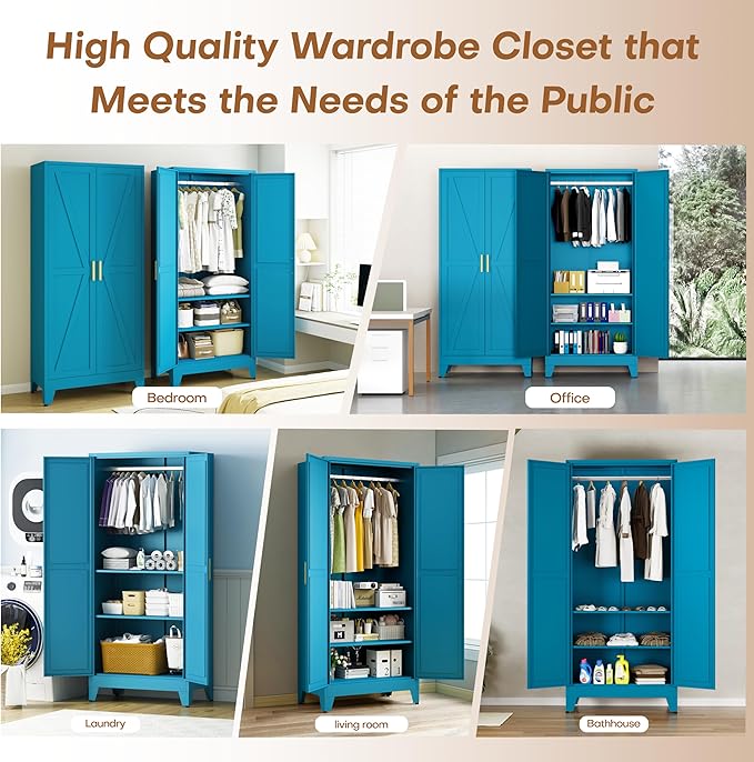 Metal Armoire Wardrobe Closet with Hanging Rod, 71'' Metal Wardrobe Cabinets with 2 Doors and Adjustable Shelves, Bedroom Armoires, Laundry Room Clothing Storage Cabinet, Office Wardrobes