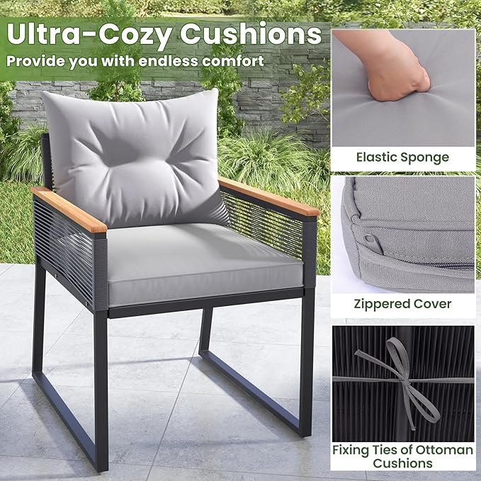 Tangkula 5 Pieces Outdoor Conversation Set, Patio Rattan Armchairs with 2-Tier Side Table & 2 Ottomans, Acacia Wood Armrests & Heavy-Duty Metal Frame, Patio Chairs Set for Porch, Poolside (Grey)