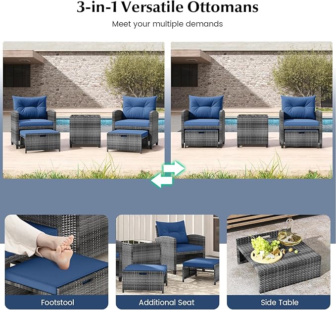 Tangkula 5 Pieces Patio Conversation Set, PE Wicker Rattan Outdoor Furniture Set with 2 Chairs, 2 Ottomans & Tempered Glass Coffee Table, Ideal for Poolside, Backyard, Lawn, Deck, Mix Grey & Navy