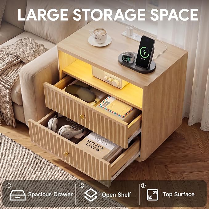 PAPROOS 23'' Fluted Nightstand with Charging Station, Modern Bedside Table with Motion Sensor LED Light, 2-Drawer Storage Cabinet for Bedroom & Home Office (1pc Natural Wood) - Image 6