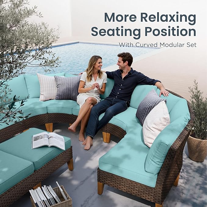 PHI VILLA Half-Moon Patio Furniture Set with 56" Fire Pit Table, Wicker Outdoor Curved Sectional Sofa with Cushions, Ottomans, Large Conversation Seating for Garden or Backyard, Aqua Blue