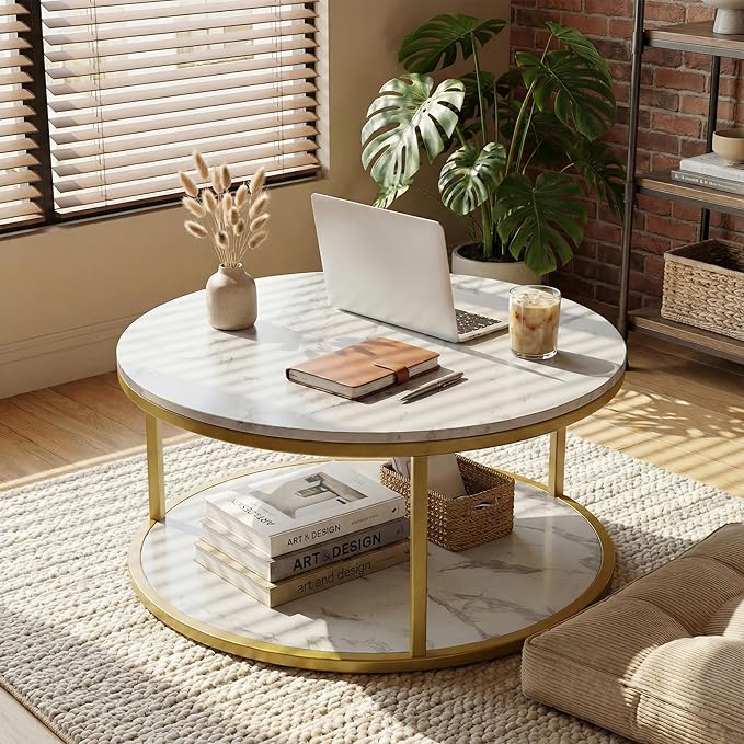JUMMICO 36" Coffee Tables with Storage, 2-Tier Round Coffee Table, Center Table for Living Room, Furniture for Small Spaces, White Marble