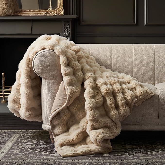 EverGrace Ultra Soft Luxury Fluffy Faux Rabbit Fur Throw Blanket, Thick Warm Bubble Throw for Bed, Cozy Plush Reversible Blankets for Couch, Chair, Sofa, Cream, 60x80 Inches