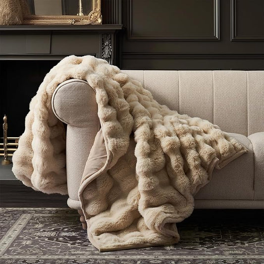 EverGrace Ultra Soft Luxury Fluffy Faux Rabbit Fur Throw Blanket, Thick Warm Bubble Throw for Bed, Cozy Plush Reversible Blankets for Couch, Chair, Sofa, Cream, 50x60 Inches