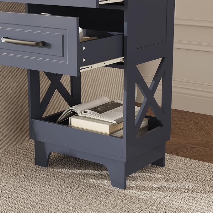 Tall Nightstand Set of 2 Side Table Modern Night Stand with 2 Drawers Wooden Rustic End Table Bedside Table with Upper Open Shelf Solid Feet for Bedroom Navy Blue+Walnut - Image 6
