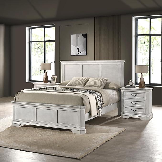 Roundhill Furniture Maderne Wood Panel Bed with Two Nightstand, King, Antique White Finish