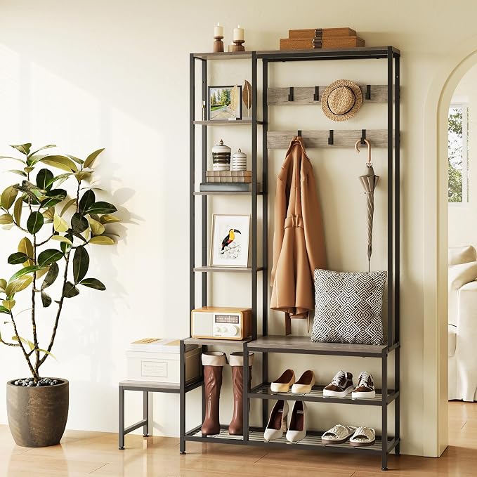 Espelism Hall Tree with Shoe Storage Bench Coat Rack with 7 Hooks Interchangeable 4 Tier Side Storage Shelves Small Cute Side Bench Industrial 5-in-1 Entryway Coat Rack for Hallway Mudroom Bedroom - Image 6