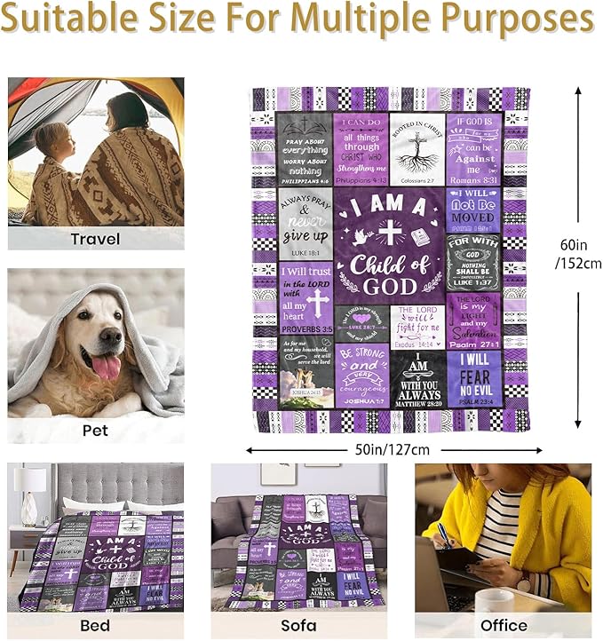 Christian Gifts for Women, Birthday Gift for Women, I Am a Child of God Blanket, Inspirational Gifts for Christians Sister, Friend, Daughter, Mom, Baptism Gifts for Girl Throw Blanket 50''x60'' Purple