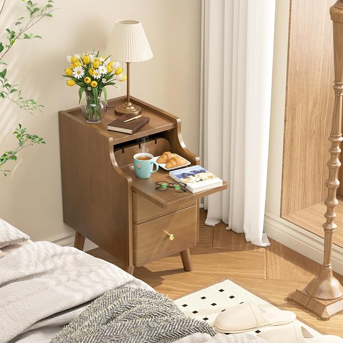 Narrow Nightstand, Solid Wood Night Stand with 2 Drawers, Walnut Mid Century Modern Nightstand, Small Beside Table with Open Storage Shelf for Bedroom (10 inch) - Image 7