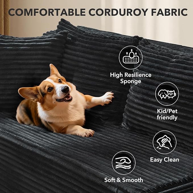 Modular Sectional Sofa Cloud Sectional Couch, 106" Comfy L Shaped Black Couches for Living Room, Deep Seat Memory Foam Plush Corduroy Boneless Couch Sectionals with L Facing Chaise Sofa