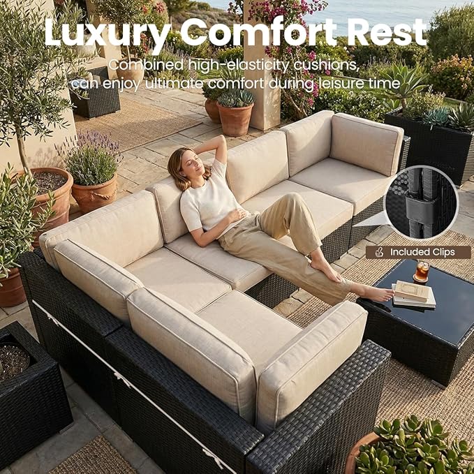 8 Pieces Patio Furniture Set with 44" Propane Gas Fire Pit Table, Outdoor Sectional Wicker Conversation Sofa Sets with Coffee Table