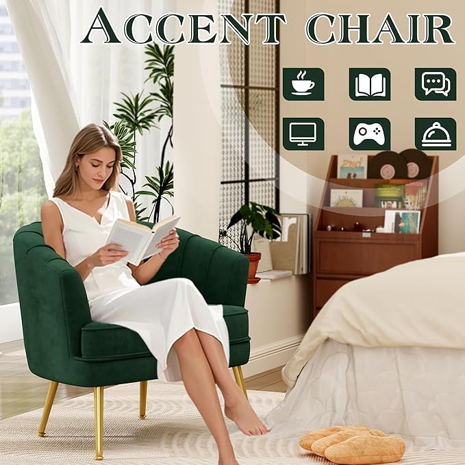 Andeworld Velvet Accent Chair, Upholstered Modern Single Sofa Side Chair,Comfy Barrel Club Living Room Armchair with Golden Metal Legs for Bedroom Living Reading Room Office, Green