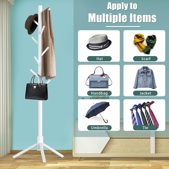Haddockway Wooden Coat Rack Stand with 8 Hooks New Zealand Pine 3 Adjustable Coat Standing Tree Easy Assembly for Coats, Hats, Scarves and Handbags for Entryway, Hallway, Bedroom, Office,2 PCS - Image 6