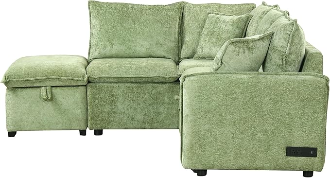 ERYE L-Shaped Corner Chenille Upholstered Sleeper Sectional Sofa Practical Convertible Sleep Sofabed W/Pull Out Sleep Couch Bed, Storage Ottoman and USB Charge Ports for Living Room