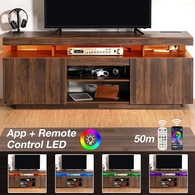HOMMPA 70 Inch LED TV Stand with Power Outlets for 70/65/60/55 inch TV Gaming Entertainment Center with Storage Modern Industrial TV Cabinet Media Console for Living Room Bedroom Walnut - Image 5