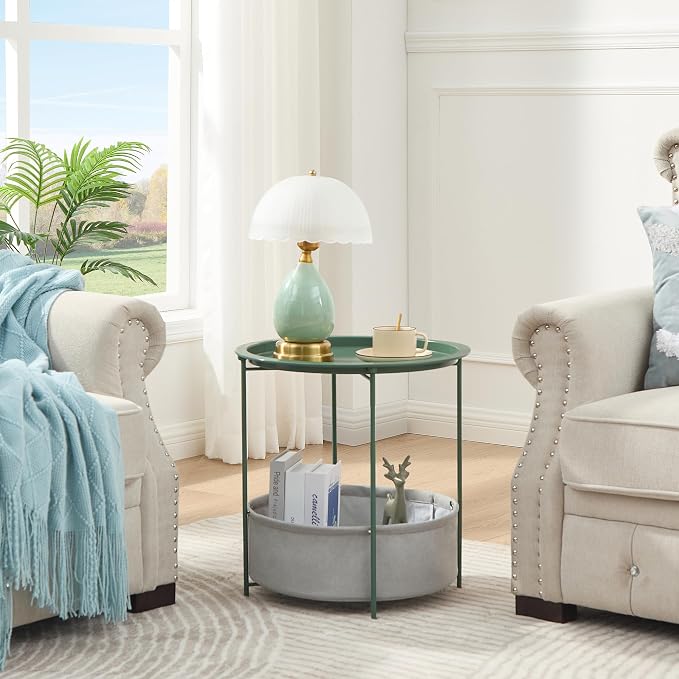 VECELO Round Side/End Table with Fabric Storage Basket，Metal Anti-Rust and Waterproof Small Bedside Nightstand with Removable Tray Top for Living Room，Balcony & Laundry，Dark Green /2pcs with Basket - Image 4
