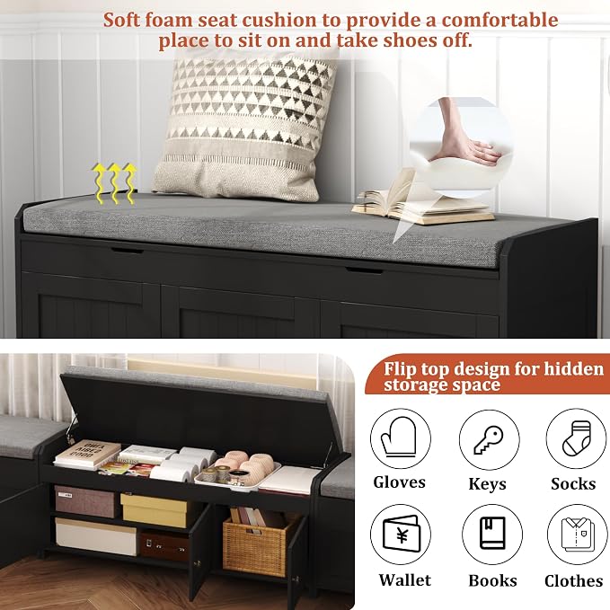 HOMEFORT 41.3" Shoe Bench with Lift Top Storage, Entryway Bench with Cushioned Seat, Wooden End of Bed Bench, Shoe Cabinet Bench with Hidden Storage Space, for Bedroom, Hallway,Black - Image 4