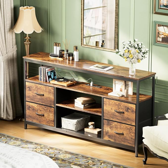 Huuger TV Stand Dresser with Power Outlets and LED Lights, 4 Drawers Entertainment Center with Shelves, 54 Inch Media Console for 55 60 Inch TV, 4 AC Outlets, 2 USBs, Rustic Brown - Image 4