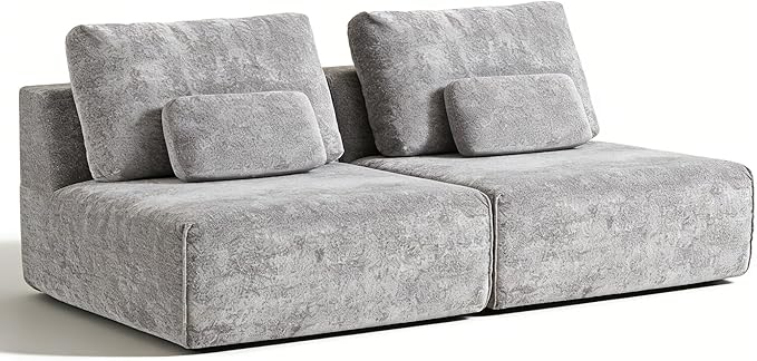 Modular Sectional Sofa, 2-Piece Grey Plush Velvet Loveseat Couch, No-Assembly Compressed Deep-Seat 2-Seat for Small Spaces Living Rooms Apartments
