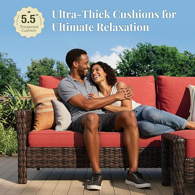 8-Piece Wicker Patio Furniture Set, Sectional Conversation Set with 2 x Swivel Chairs, 2 x Ottomans, 1 x 3-Seater Sofa, All-Weather Wicker Patio Conversation Set with 56" Fire Pit Table, Red