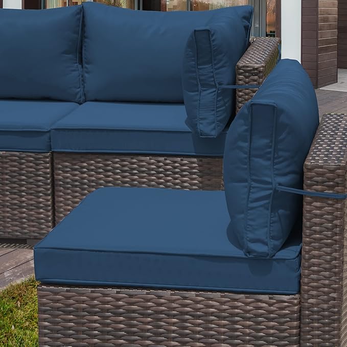 9 Pieces Outdoor Patio Furniture Set,Outdoor Sectional Furniture All Weather PE Rattan Wicker Patio Conversation Set with Coffee Table and 8 Thickened Cushions,Navy Blue
