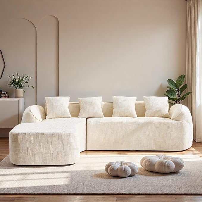 L Shaped Compression Sofa, Modular Couch with Curved Armrests & 4 Coordinating Pillows, Modern 101'' Chenille 4 Seater Sofa with Wide Seat for Living Room, Bedroom, No Assembly, Beige