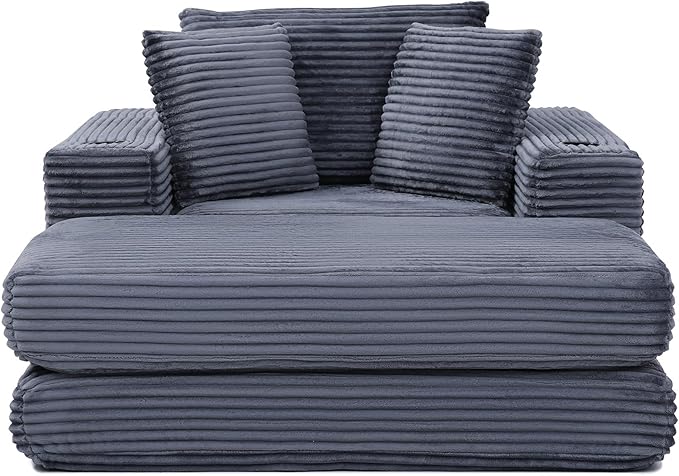 Eafurn 52.4" Oversized Chaise Lounge Indoor with Foldable Ottoman Convertible Boneless Sleeper Sofa Bed, Deep Seat Lounge Chair with Cup Holder & Side Pocket, No Assembly for Living Room | Breathable material, Cupholders