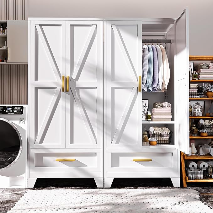 71" Tall Metal Armoire Wardrobe Closet,17.7" Deep By 31.5" Wide Portable Closet for Hanging Clothes,Wardrobe Cabinet with Drawer and Shelve for Bedroom Office Garage,White 1 Pack