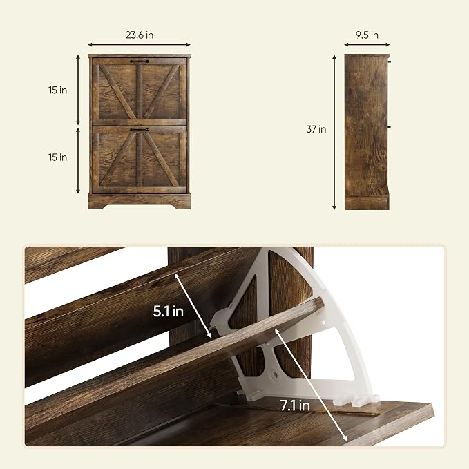 Semiocthome Farmhouse Shoe Storage Cabinet with 2 Flip Drawers, 23.6"(W) Freestanding Shoe Organizer with Barn Door and Metal Handles for Entryway, Corner Narrow Shoe Rack Cabinet - Rustic Brown - Image 2