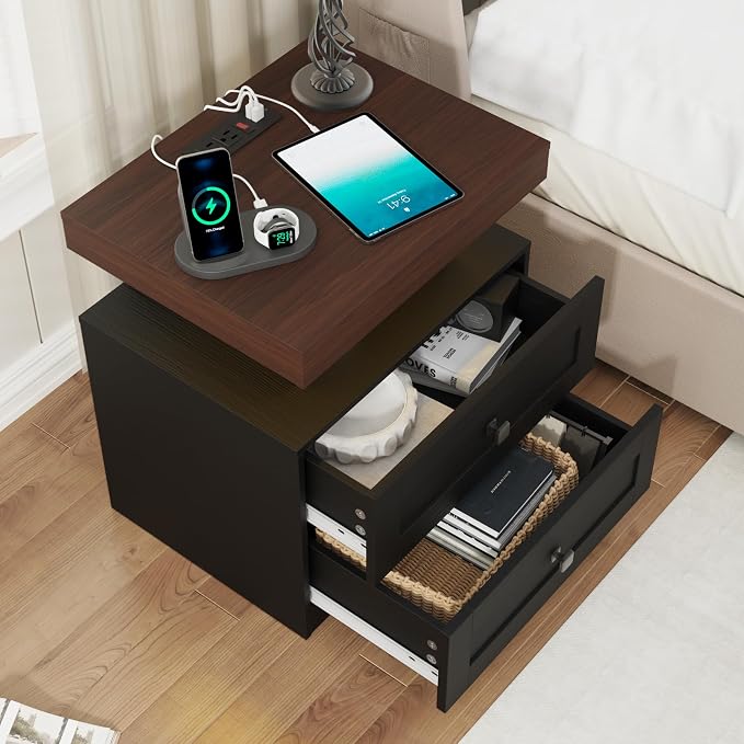 MHOM Farmhouse LED Nightstand Set of 2, Wood Bedroom Side Table with Charging Station, Rustic End Table with Drawers for Bedroom, Antique Black - Image 6