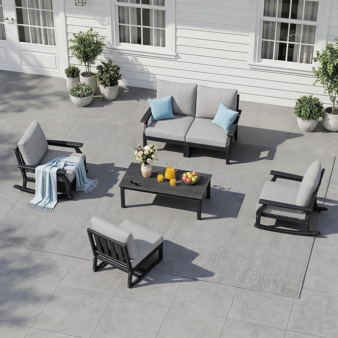 HDPE Patio Conversation Set, 6-Piece All Weather Outdoor Furniture Set with 2 Single Rocking Armchairs for Deck, Lawn, with Cushion, Black