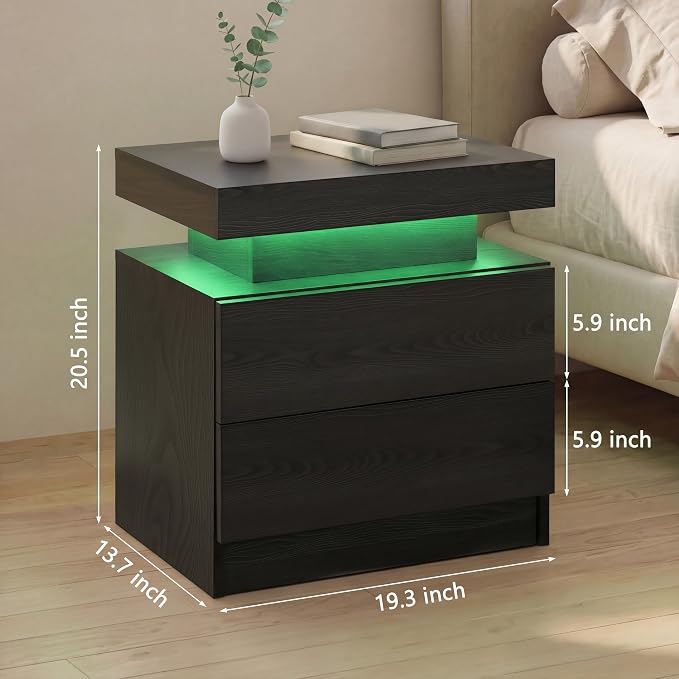 i-aplus LED Night Stand Black Nightstand with 2 Drawers Modern Beside Table for Bedroom Side Bed Table with LED Lights - Image 2