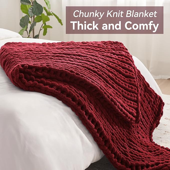 Negwoo Chunky Knit Throw Blanket, 30''*40'' Knitted Throw Chenille Yarn for Bed Couch, Handmade Red Crochet Big Thick Blanket, Machine Washable Cute Comfy Blanket for Home Decor