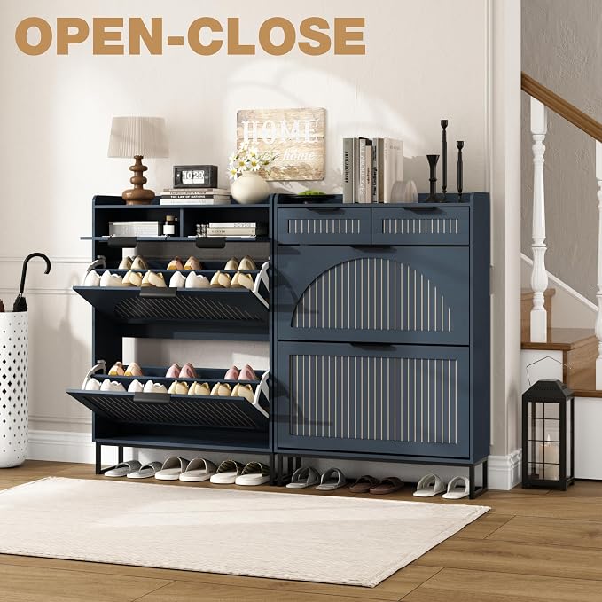 Fluted Shoe Cabinet Storage for Entryway – Narrow Shoe Rack with 2 Flip Drawers & 2 Storage Drawers, Freestanding Hidden Shoe Organizer for Foyer, Hallway (Blue) - Image 6