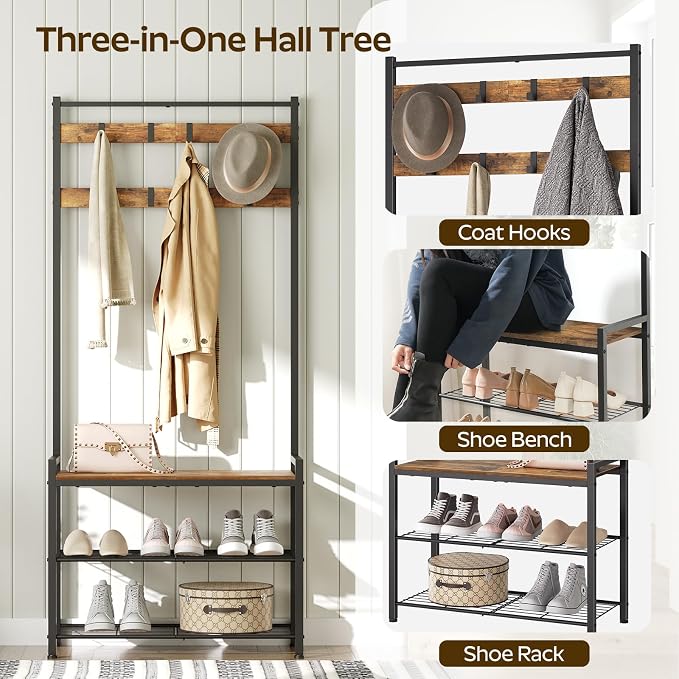 YATINEY Hall Tree, Coat Rack with Shoe Bench, Entryway Bench with Shoe Storage, Multifunctional Entryway Storage Organizer, Metal Frame and 8 Movable Hooks, for Hallway, Rustic Brown MT01BR - Image 2