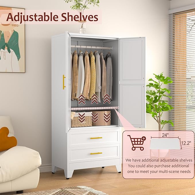 winiowa Metal Armoire Wardrobe Closet with 2 Drawers, 71" Wardrobe Cabinet with Adjustable Shelves and Hanging Rod, Clothing Storage Cabinet Closet for Bedroom-White