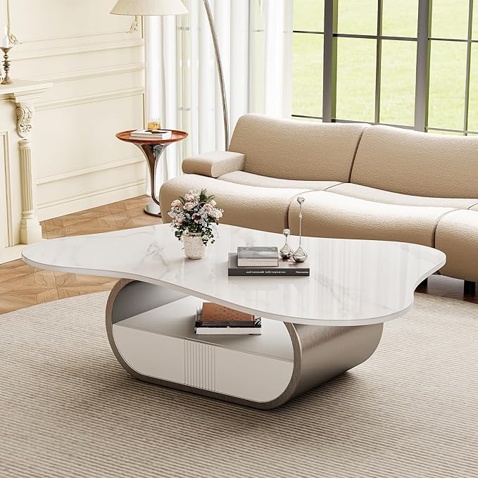 Glintee 41.7 Inch Marble Coffee Table with Storage Drawer, Modern Butterfly Design, Sintered Stone Top and Gray Stainless Steel Base for Living Room, Scratch Resistant and Easy Assembly