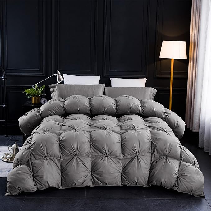Three Geese Pinch Pleat Waterfowl Feathers and Down Comforter Palatial King Size Duvet Insert,750+ Fill Power,1200TC 100% Cotton, Premium All Seasons Gray Warm Hotel Comforter with 8 Tabs.