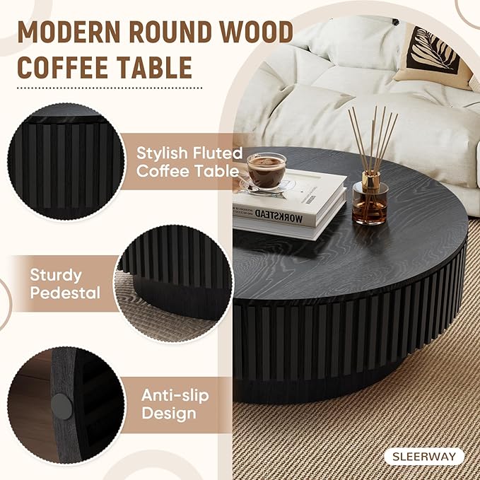 39.37'' Round Coffee Table with Storage, Modern Wooden Fluted Circle Coffee Table Unique Drum Center Table Wood Circular Tea Table for Living Room, Small Apartment, Office, Black