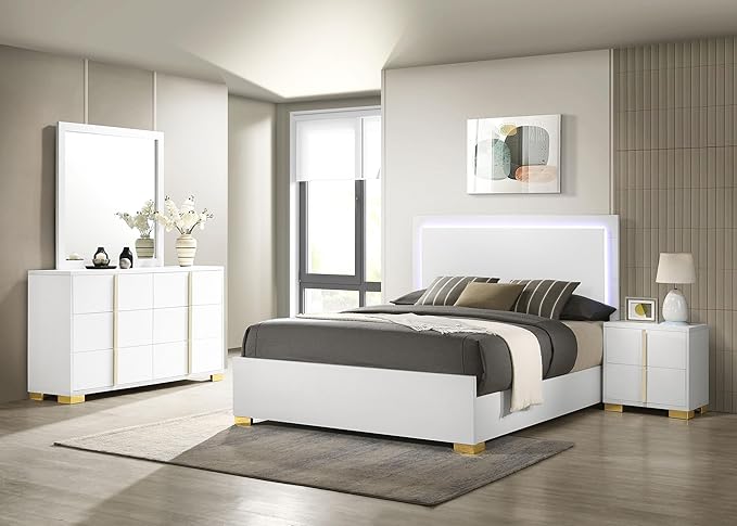 Coaster Home Furnishings Marceline Contemporary 4-Piece Bedroom Set Full Size LED Panel Bed Frame 51-inch Headboard White 222931F-S4